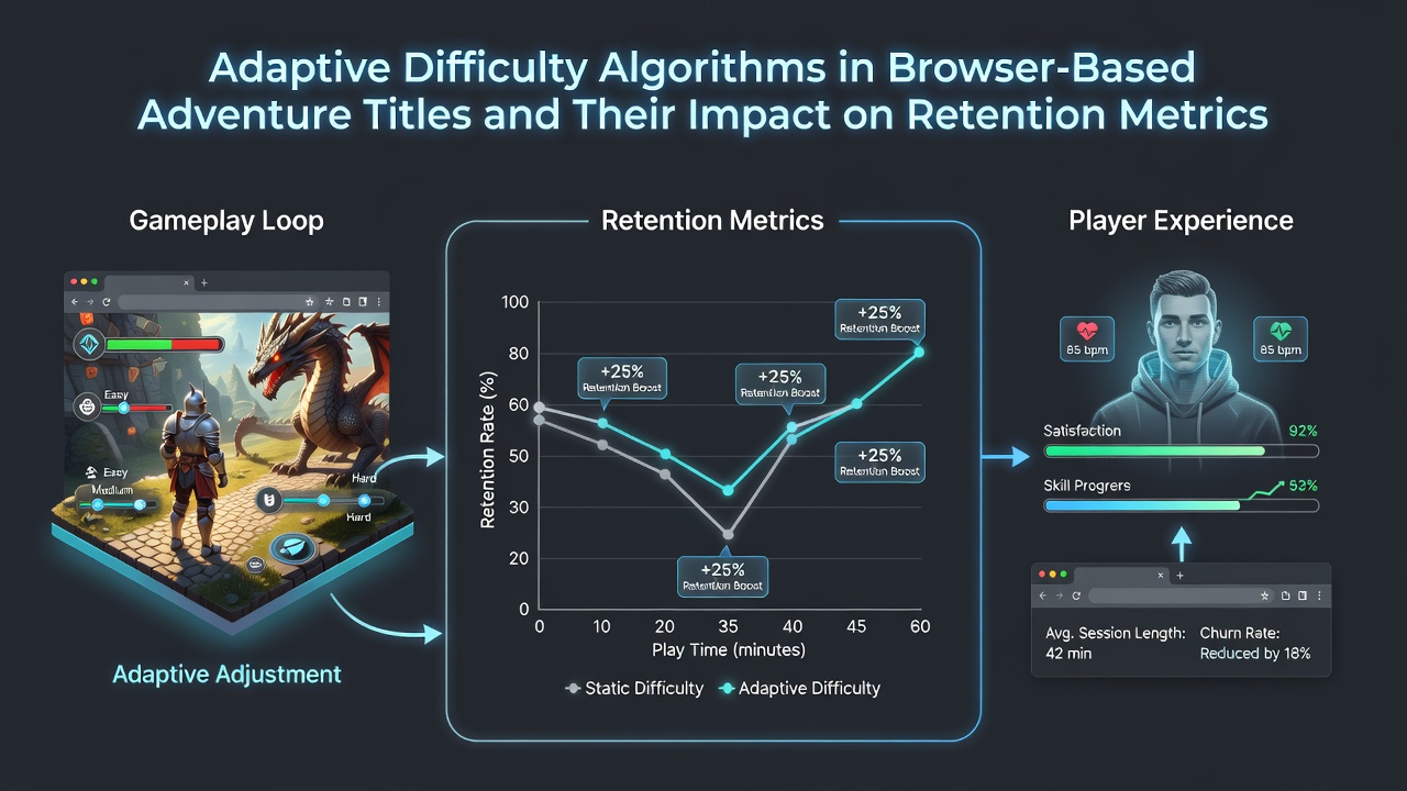 Analytics dashboard displaying retention curves and difficulty adaptation events for browser adventure games