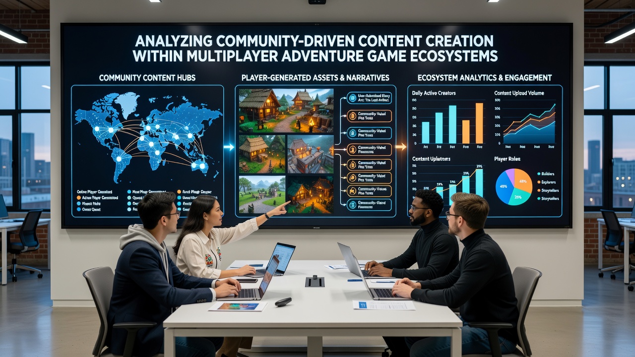 Community members reviewing shared game assets and discussing updates in a multiplayer adventure setting