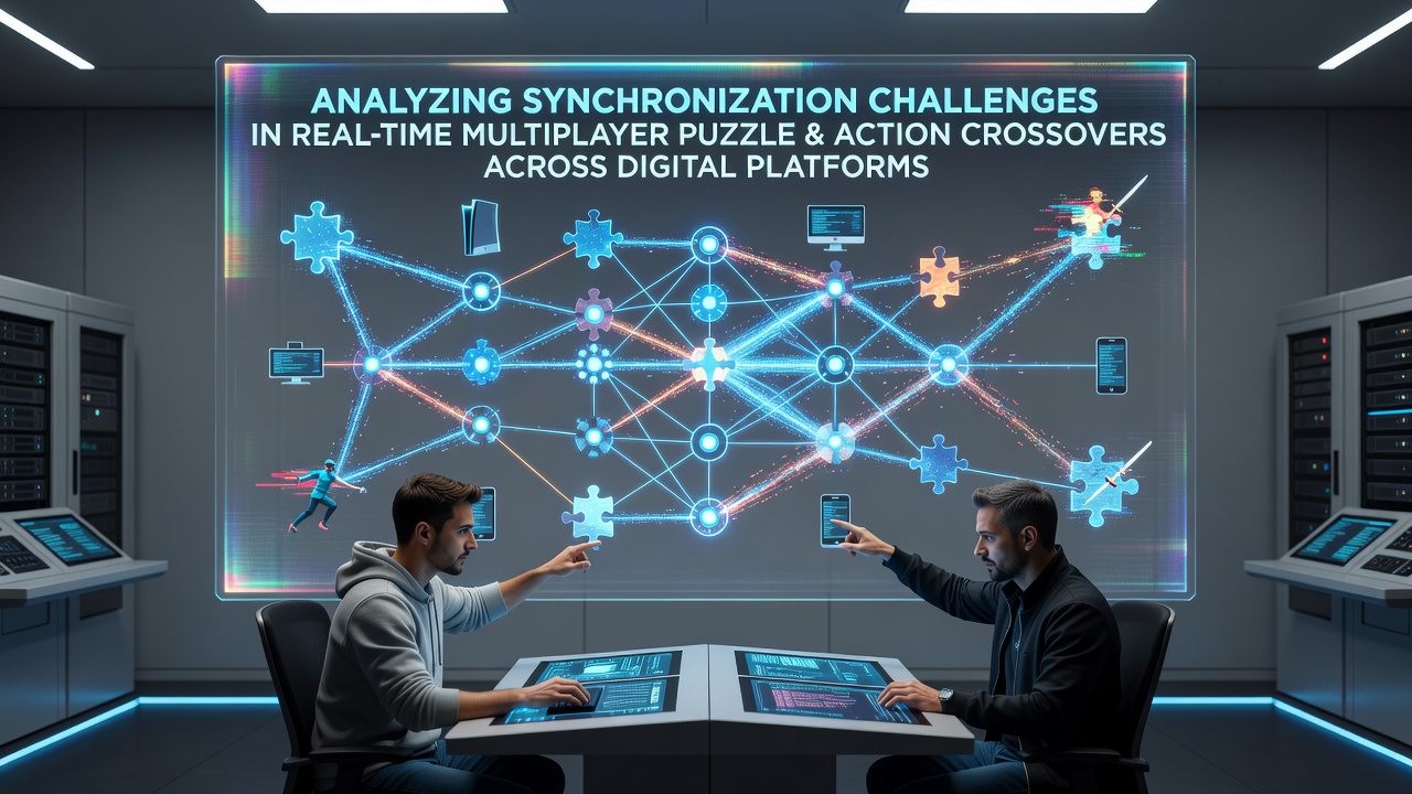 Network latency visualization in cross-platform multiplayer puzzle action games showing data packet flow between servers and devices