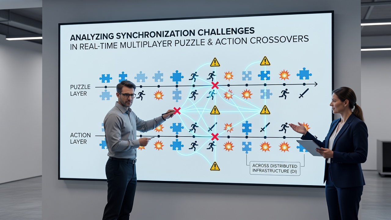 Developers reviewing server logs and synchronization metrics for real-time multiplayer crossover games on multiple device types