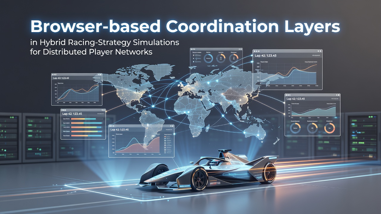 Illustration of browser-based coordination layers managing data flow across distributed racing simulation nodes