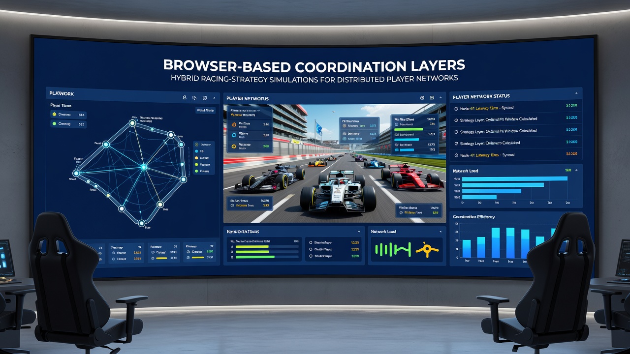 Diagram showing distributed player nodes connected through browser coordination middleware during a hybrid racing event