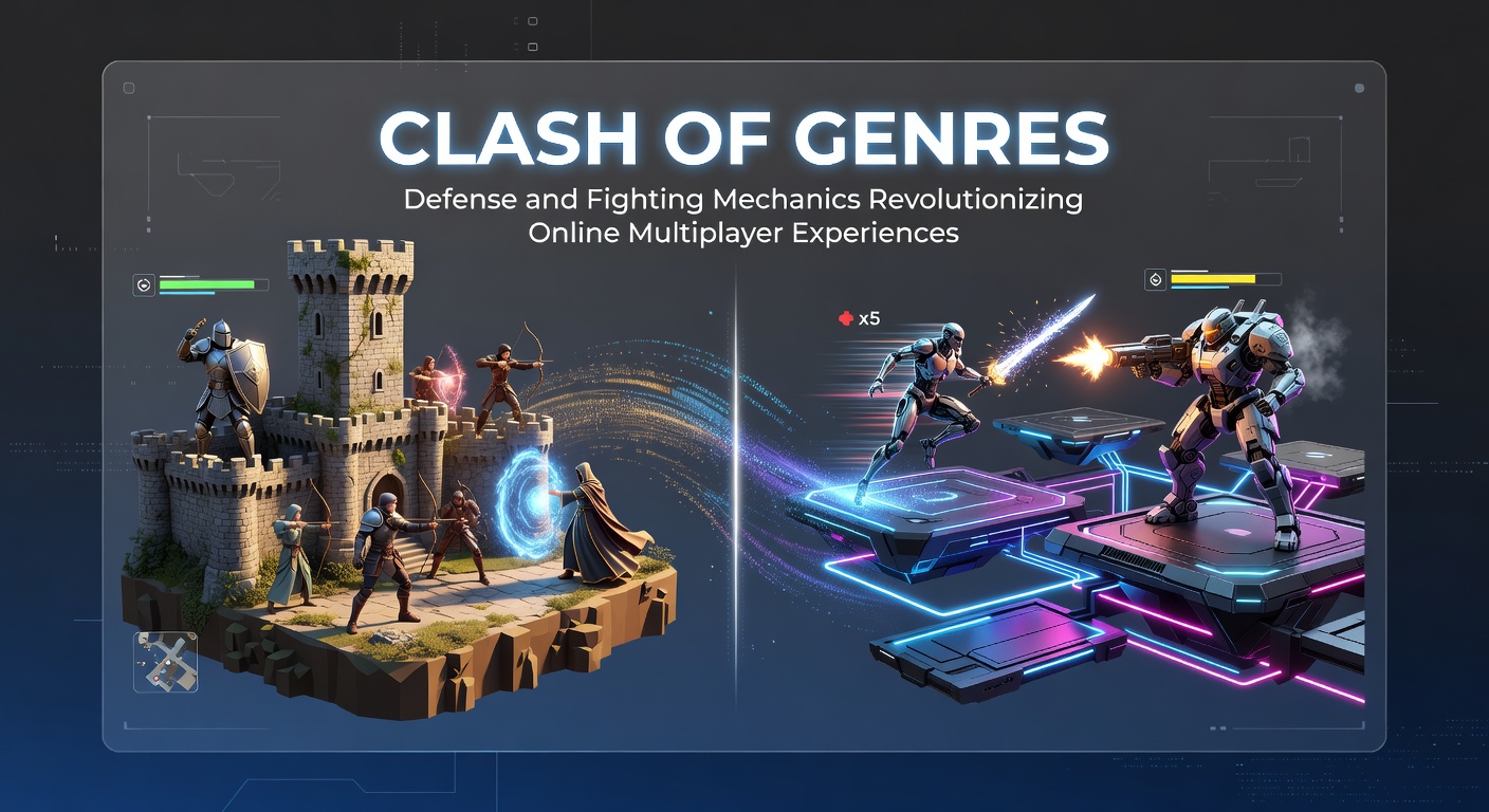 Players engaging in a intense multiplayer battle where defense towers clash with fighter units in a vibrant online arena