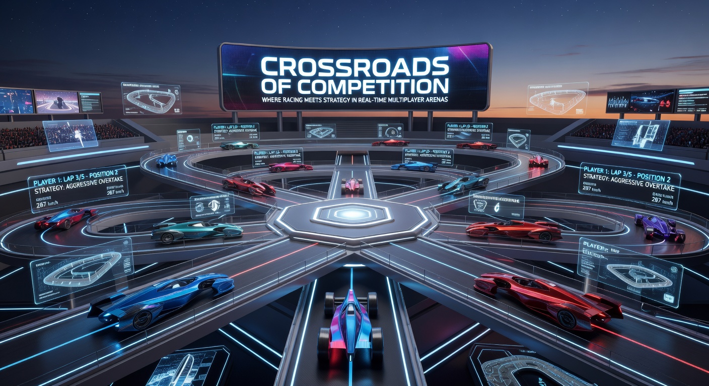 Intense close-up of a strategic showdown in a neon-lit arena, with vehicles executing precise boosts and evasive maneuvers amid explosive power-up clashes