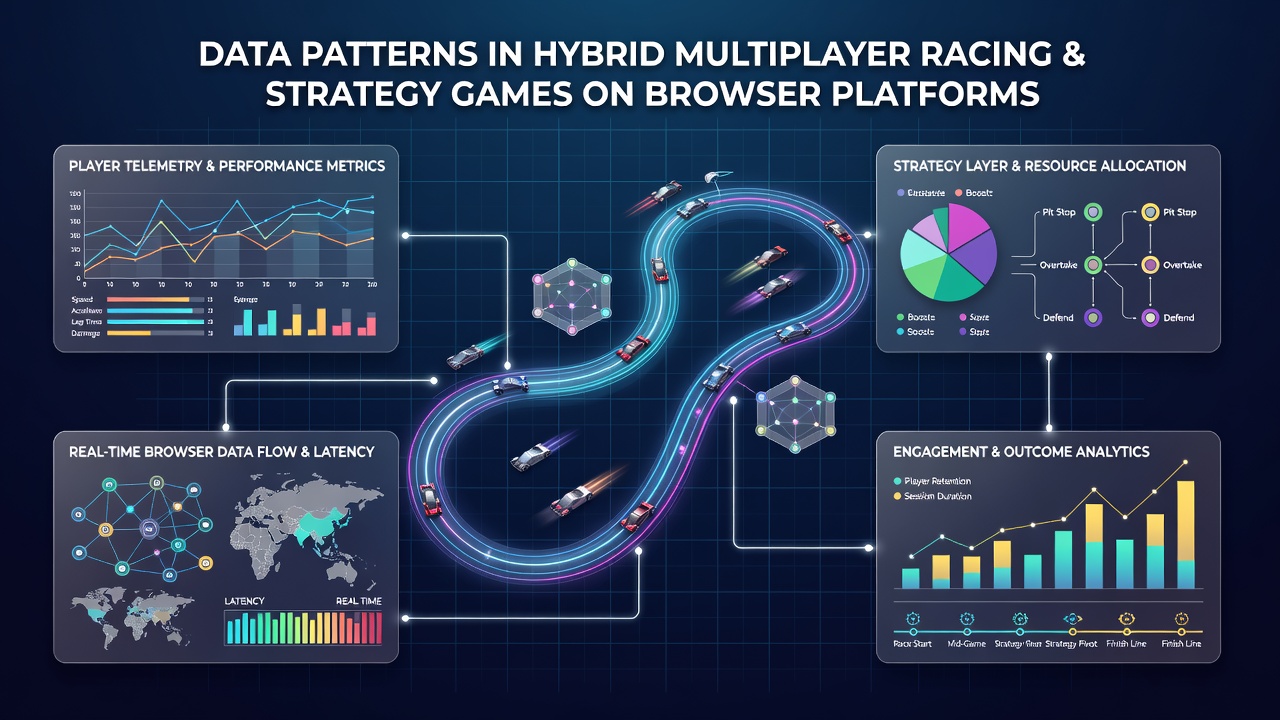Visualization of data patterns in hybrid racing and strategy browser games showing player engagement metrics and multiplayer session flows