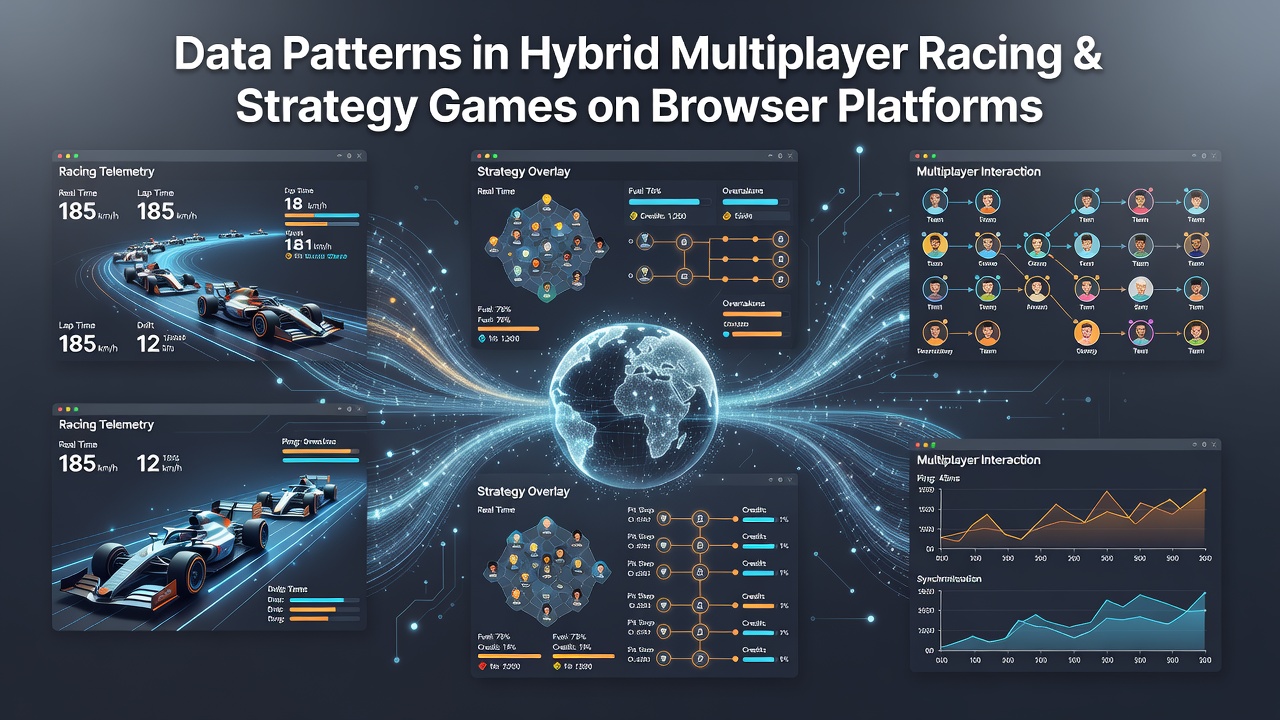 Charts displaying technical performance data and strategy decision trees from browser-based hybrid racing games