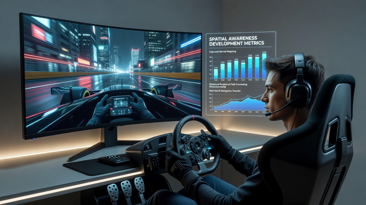 Player engaging with a detailed digital racing simulation interface displaying 3D track layouts and vehicle controls