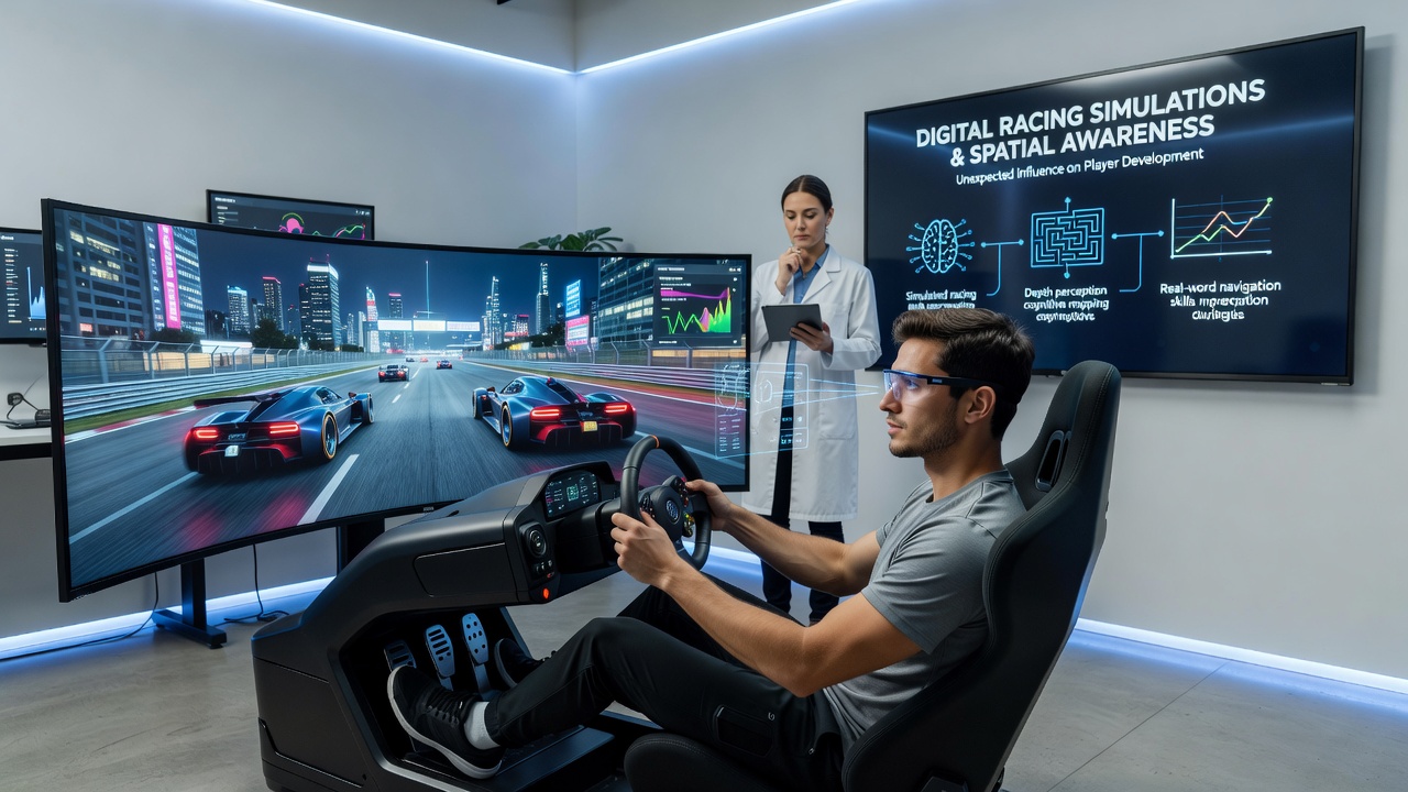 Multiple players analyzing track maps and vehicle telemetry data from racing simulation software on shared displays