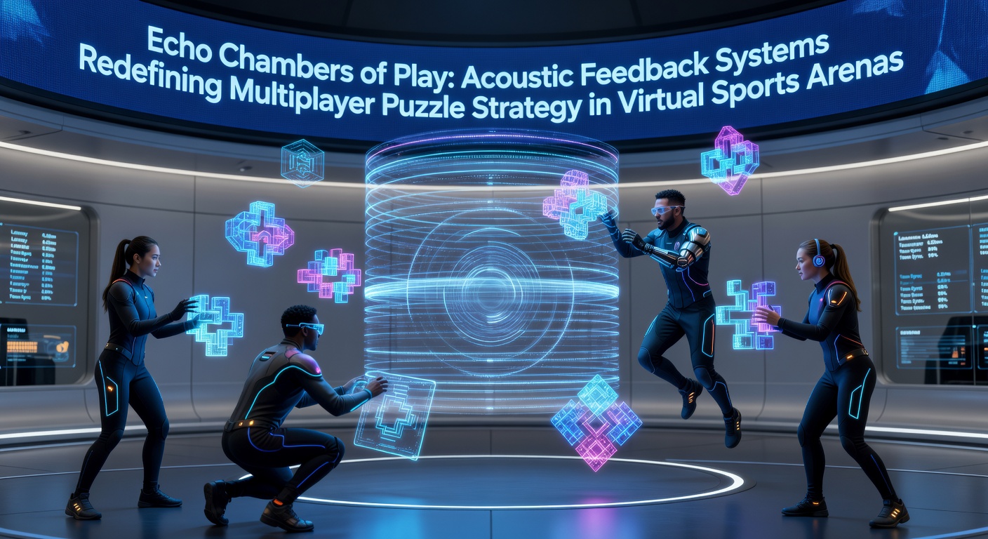 Virtual sports arena with acoustic feedback systems showing sound waves and multiplayer puzzle elements