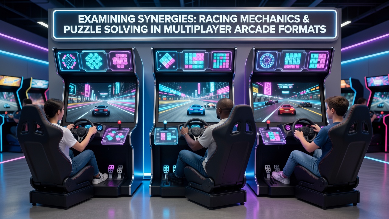 Multiplayer arcade racing setup with puzzle elements integrated into track design