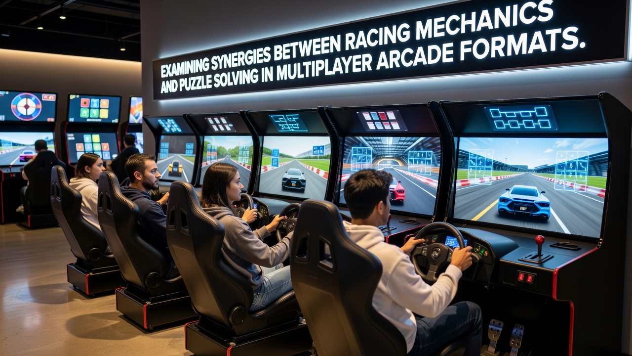 Arcade players collaborating on a combined racing and puzzle challenge at shared cabinets
