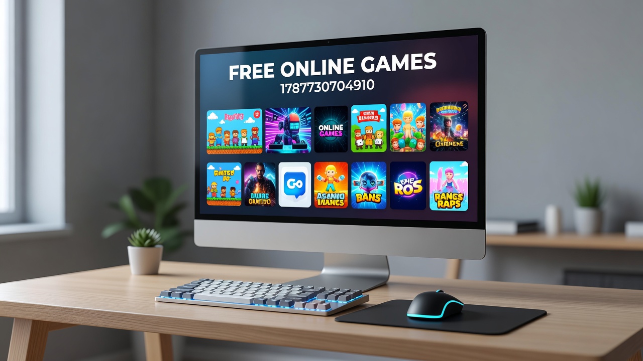 Screenshot collage of various free online game interfaces including puzzle, action, and strategy genres