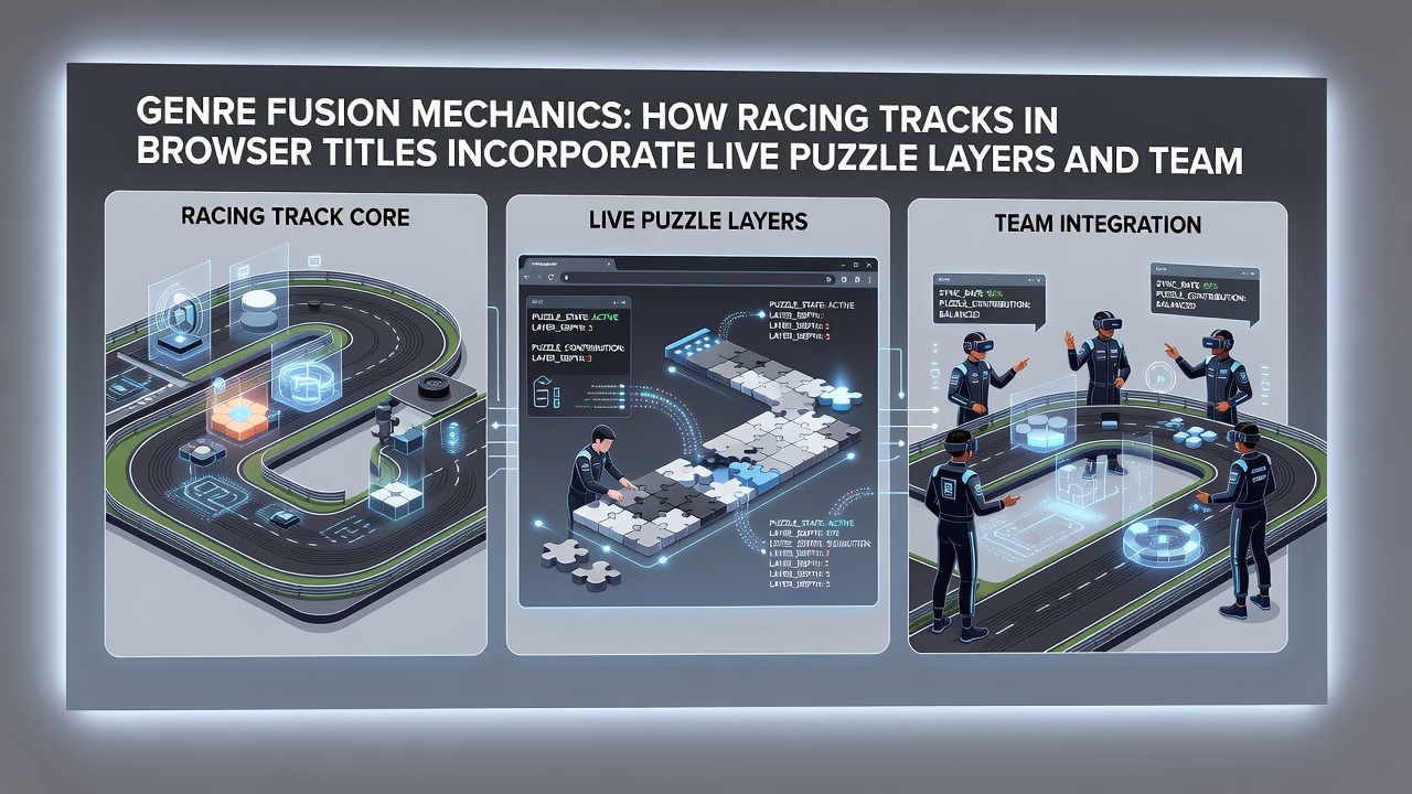 Team dashboard view in a browser racing game with strategy overlays and puzzle progress indicators