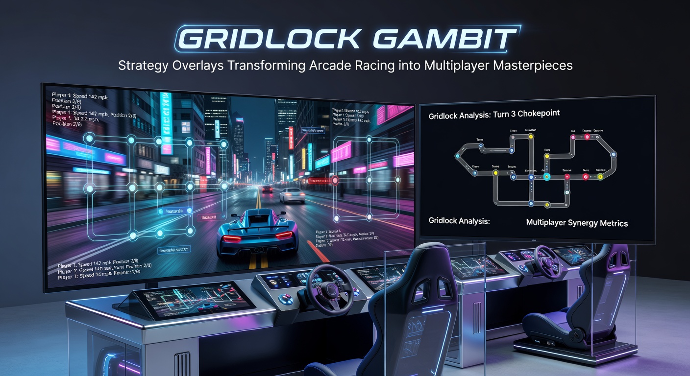 Vibrant arcade racing scene with players deploying strategic overlays like roadblocks and power-up zones in a chaotic multiplayer gridlock