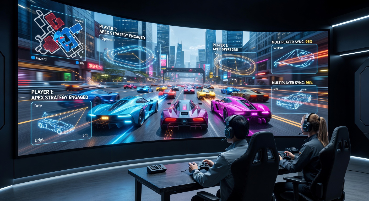 Multiplayer gridlock chaos with strategic barriers and power-ups cluttering a neon-lit racetrack during an intense online showdown