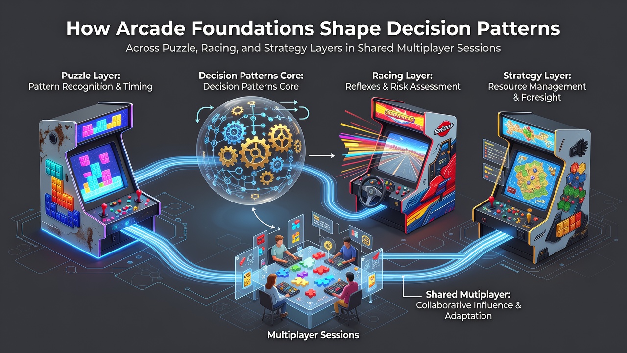 Arcade-style multiplayer game interface showing puzzle elements integrated with racing and strategy mechanics in a shared session