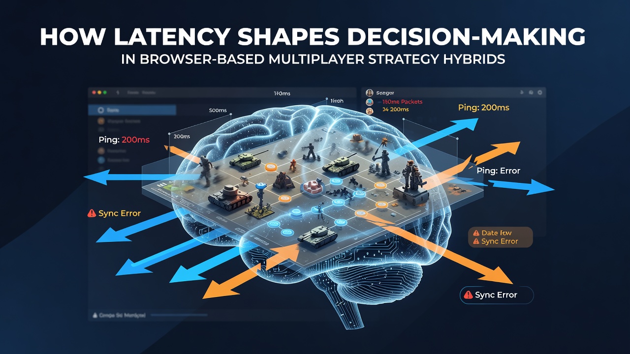 Network diagram illustrating latency delays between player actions and server responses in browser-based strategy games