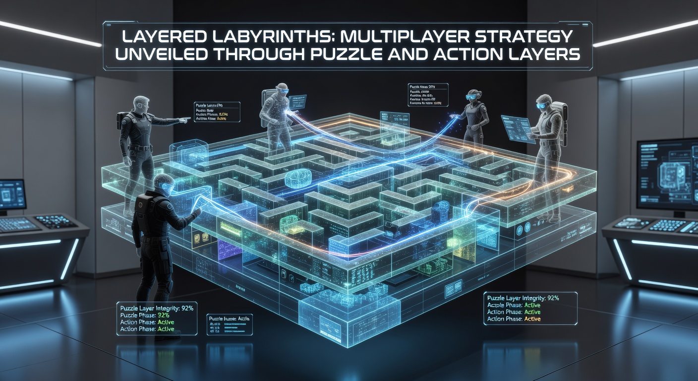 Intense multiplayer action in Layered Labyrinths, with players clashing amid glowing puzzle mechanisms on a lower labyrinth layer