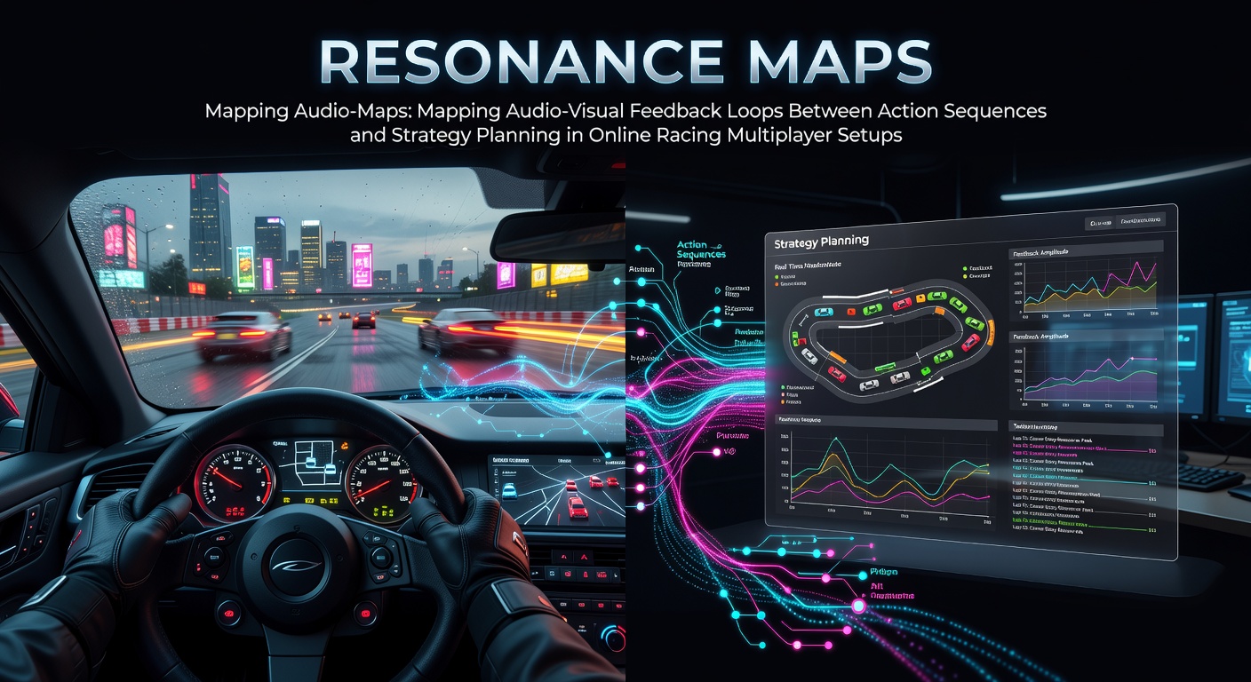 Visualization of resonance maps showing audio-visual feedback loops in a multiplayer racing game interface with overlaid strategy paths and sound wave indicators