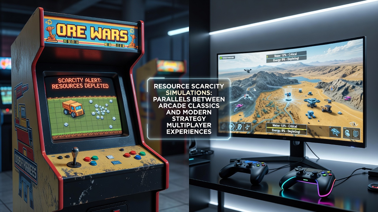 Classic arcade cabinet displaying resource management elements in an early strategy title