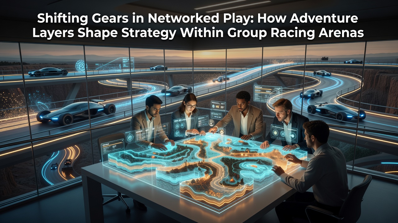 Networked racing arena with layered adventure elements including checkpoints, power-ups and team coordination zones