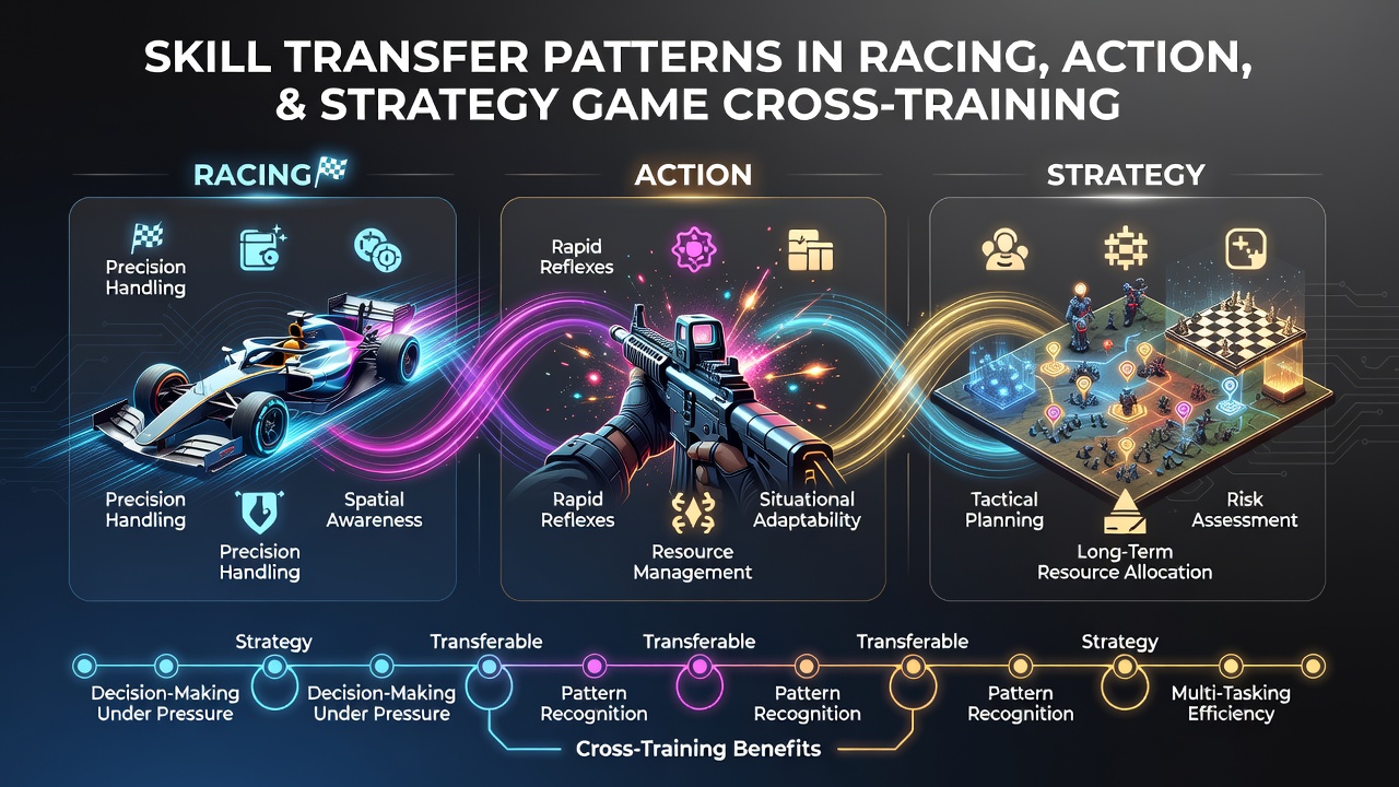 Split-screen view of a player switching between racing simulator, action shooter, and strategy interface during cross-training