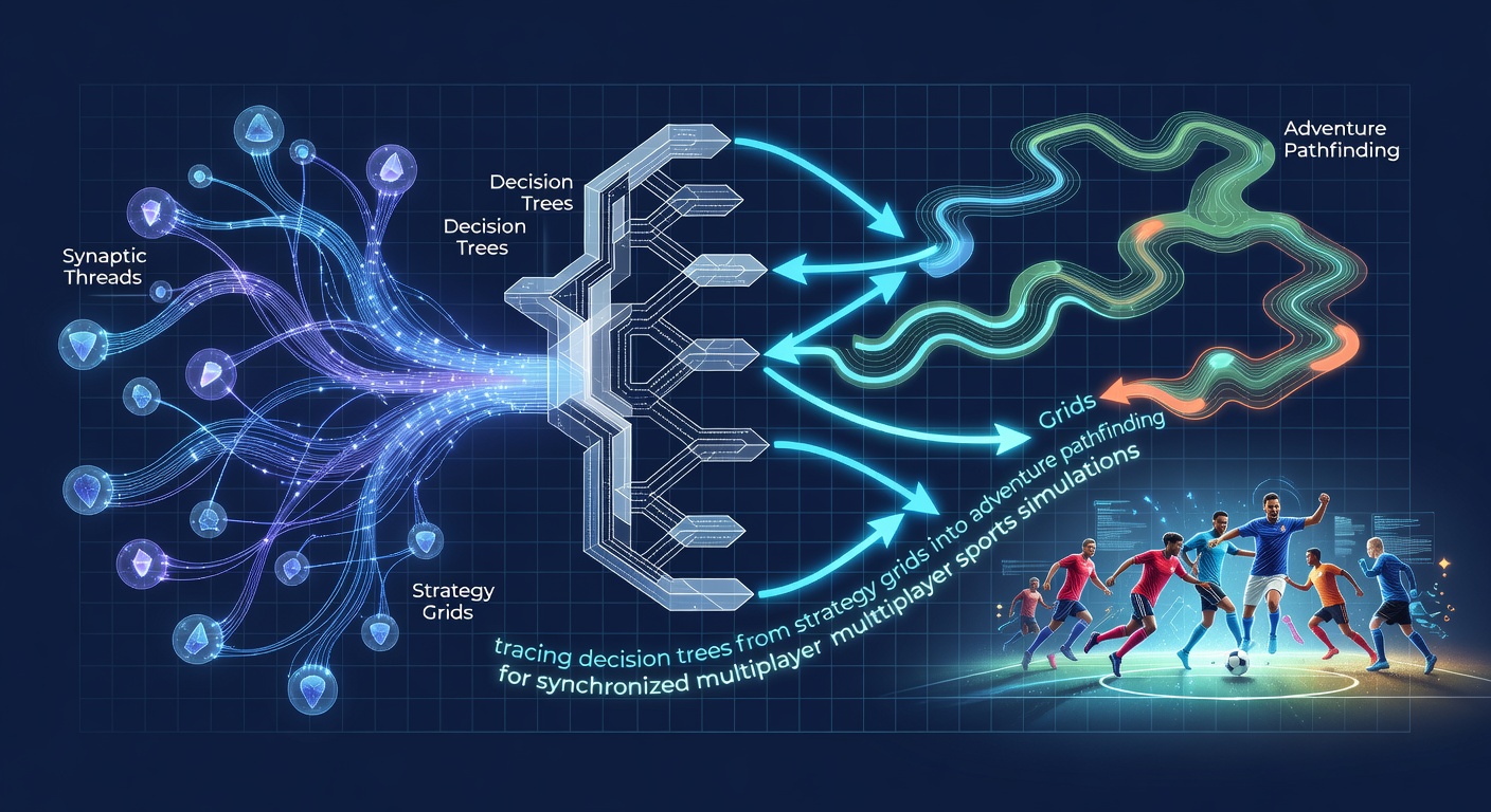 Diagram illustrating synaptic threads connecting strategy decision trees to adventure pathfinding algorithms in multiplayer sports simulations