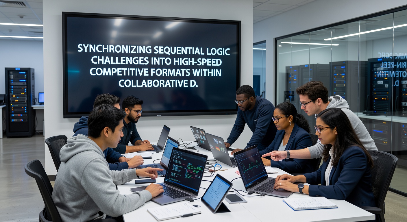 Team of players collaborating on a logic puzzle overlay in a high-speed digital arena with real-time feedback indicators