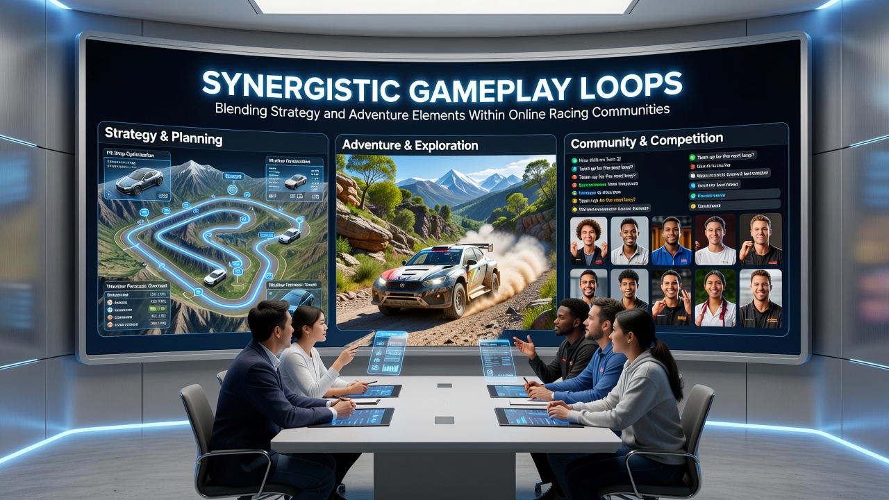 Community dashboard displaying interconnected strategy and adventure progression in a racing game environment