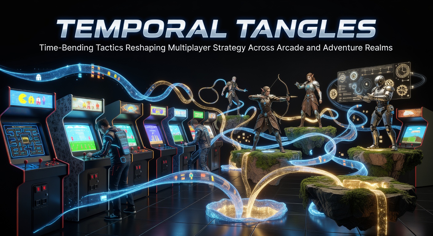 Multiplayer gamers locked in a tense time-manipulation showdown within a neon-lit arcade arena, strategies unfolding across warped timelines