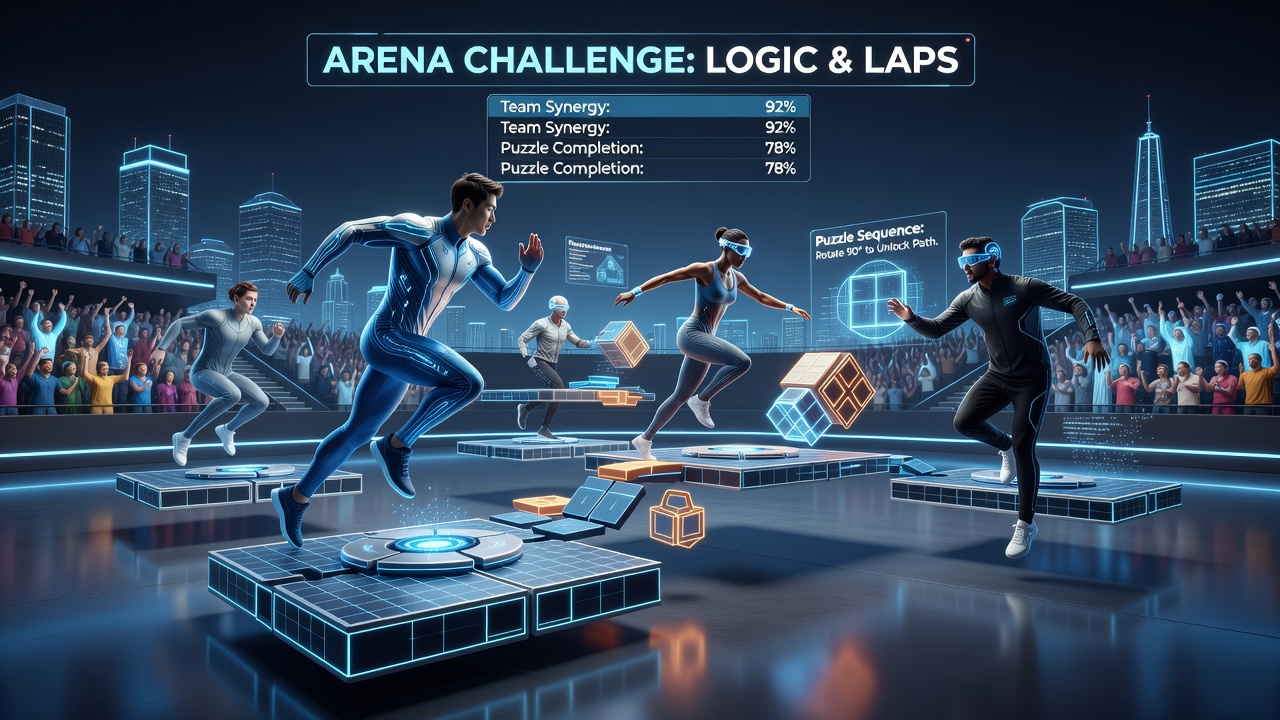 Virtual arena where players combine puzzle-solving with athletic moves in a shared digital space