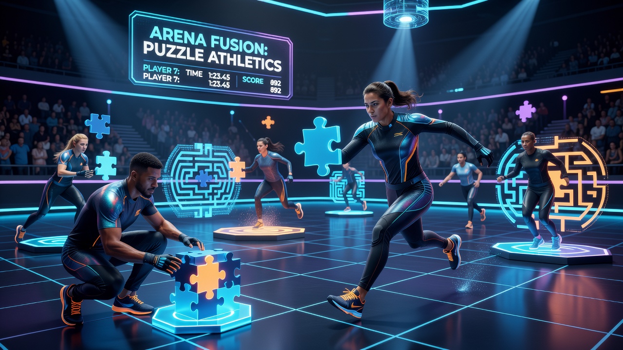 Athletes in a virtual arena solving interconnected puzzles during a competitive match