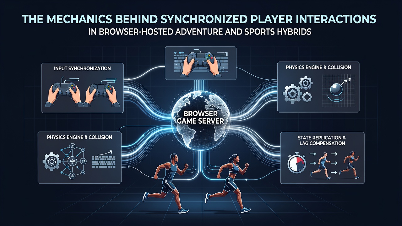 Browser-based adventure sports hybrid game interface showing multiple players synchronized in real time