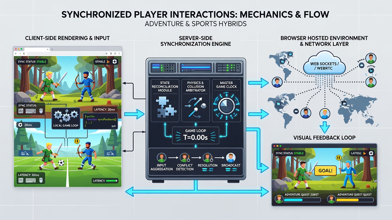 Technical diagram illustrating server reconciliation and client prediction in multiplayer browser games