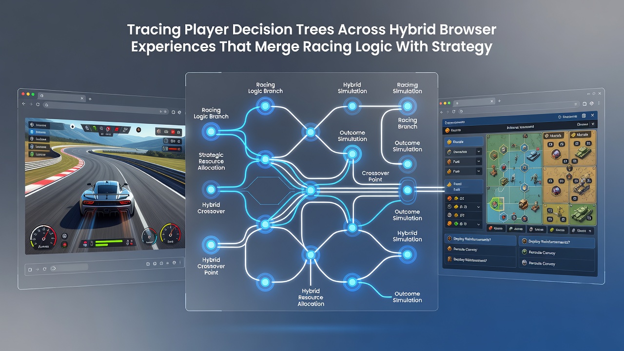 Diagram displaying sample decision tree with racing choices leading to puzzle variants and action outcomes, overlaid on browser game UI elements