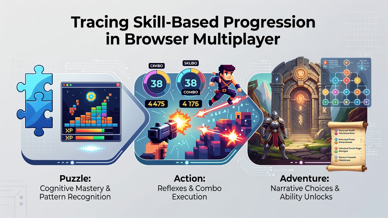 Early browser-based multiplayer game interface showing skill progression elements in puzzle and action genres