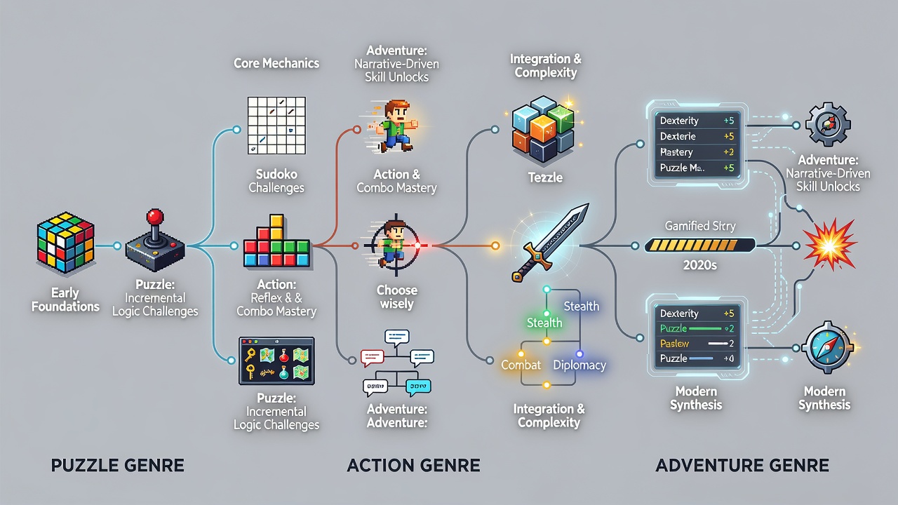 Modern browser multiplayer adventure game with visible skill progression dashboard