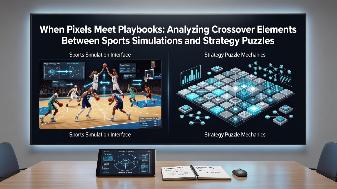 Split-screen view of a strategy puzzle overlay on a sports simulation field with player positions highlighted